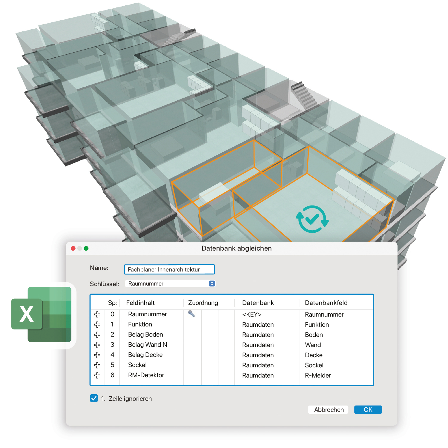 Über den Befehl „Datenbank abgleichen“ werden Feldinhalte in Vectorworks-Datenbanken mit denen in externen Datenbanken koordiniert. 