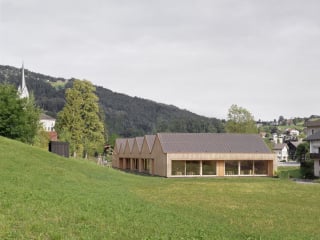Blick aus nordwestlicher Richtung auf den von Bernado Bader Architekten geplanten Neubau eines Kindergartens
