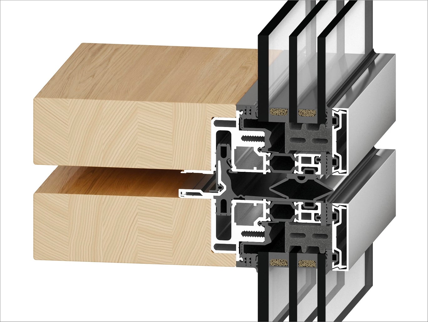 Tragende Funktion der Elementfassade übernehmen Bestandteile aus Vollholz.
