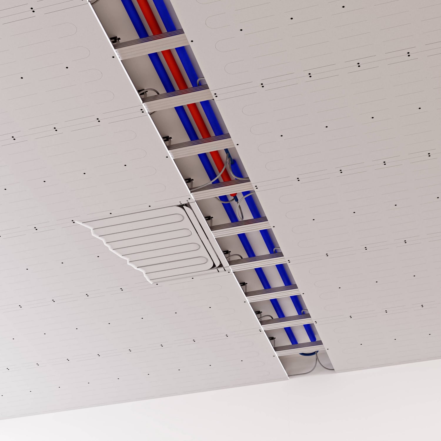 WALL ist ein montage- und anschlussfertiges Gipsfaser-Platten-System mit in eingefrästen Nuten verlegten Rohren, das sich auf allen gängigen Trockenbau-Unterkonstruktionen an Decke oder Wand fixieren lässt.
