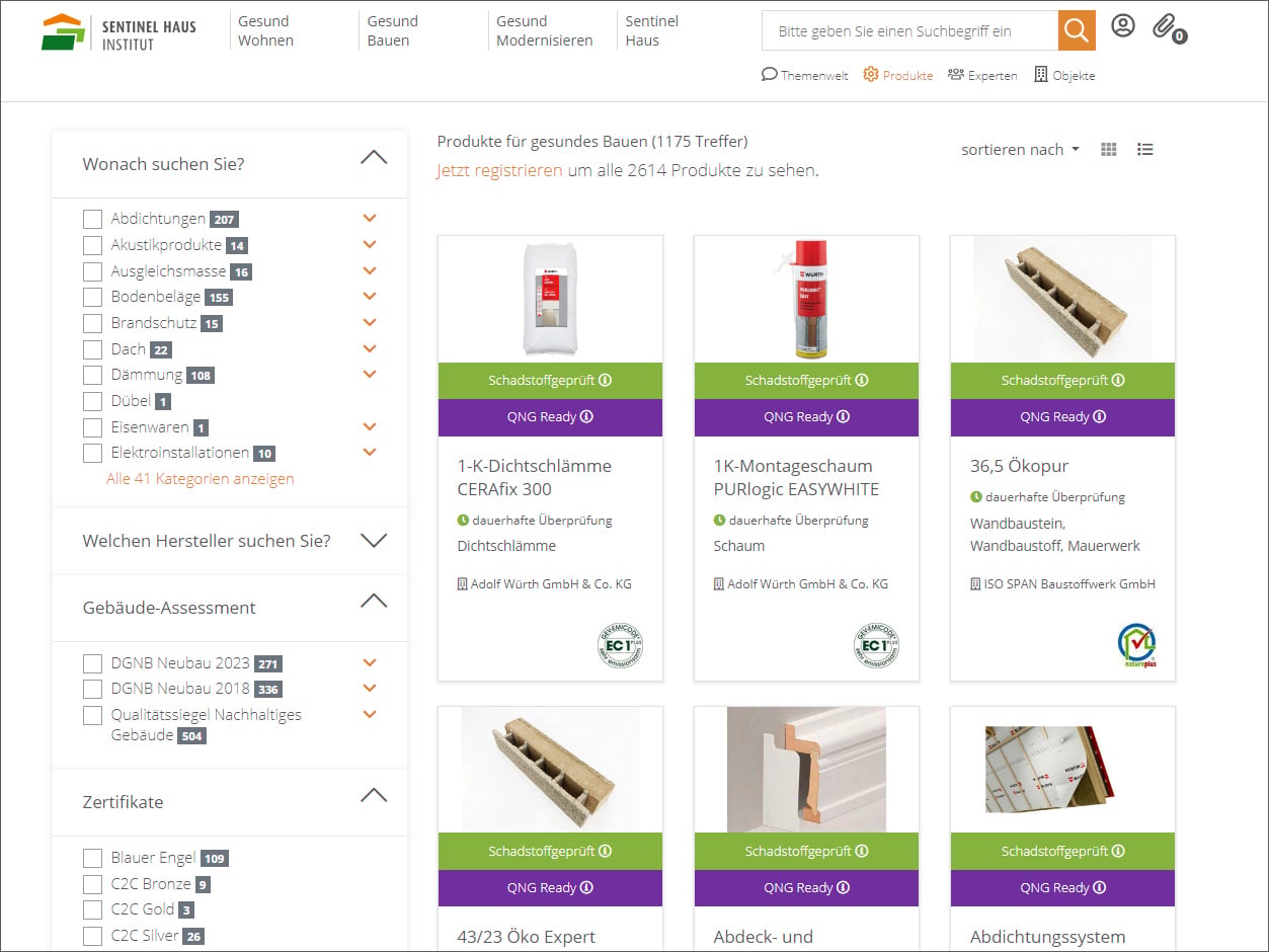 Über 40 Baustoffkategorien sind in der Produktdatenbank aufgeführt.