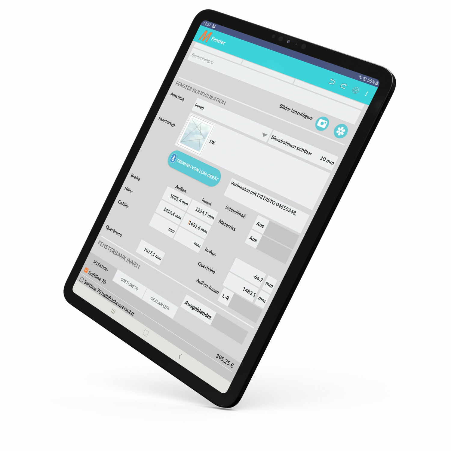 Mit einem Android-Tablet und einem Laserdistanzmessgerät können alle notwendigen Fakten und Maße direkt auf der Baustelle erfasst werden.