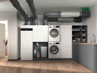 Kompakte Lüftungsgeräte lassen sich etwa zusammen mit einer Wärmepumpe sowie anderen Haushaltsgeräten im selben Raum unterbringen. Im Bild: Modell Logavent HRV176 