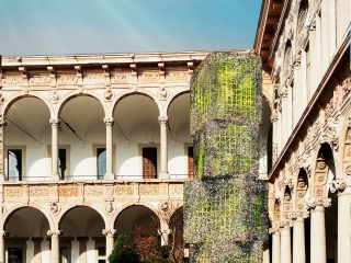 Im Ehrenhof an der Universität von Mailand ist die turmartige Installation „El Paron – Wisteria Tower“ während der Ausstellung Fuorisalone 2024 in Mailand zu sehen.