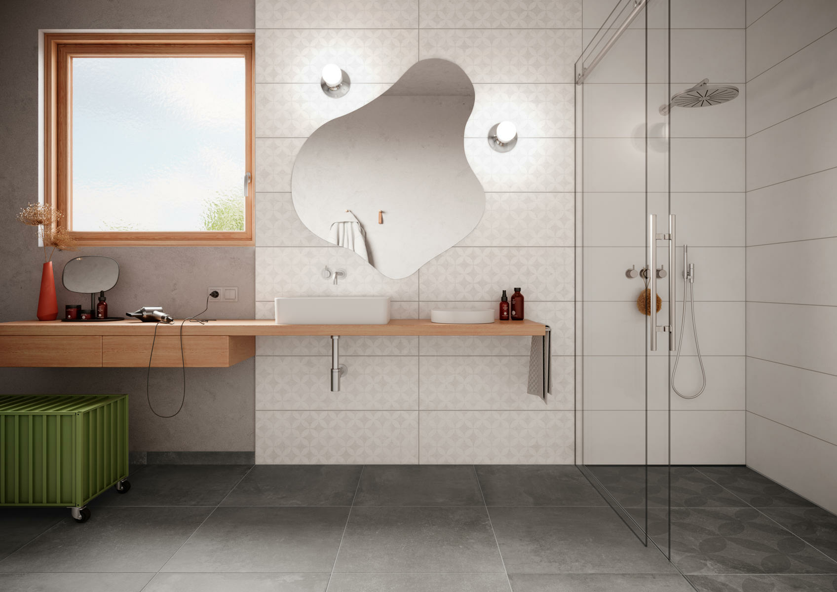 Die Wandfliese setzt dem Industrial Chic der Bodenfliese eine Oberfläche in der Optik gekalkter oder fein gespachtelter Lehmputzwände entgegen.