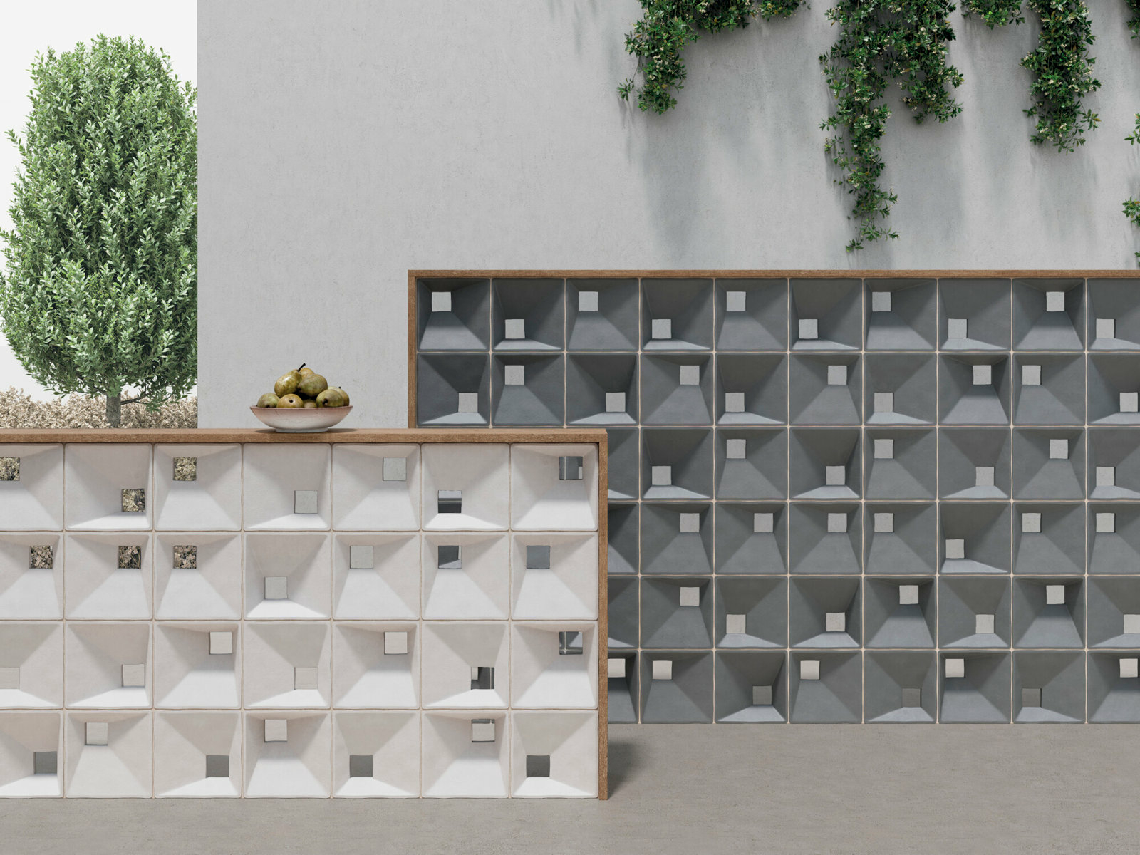 Erhältlich sind die Module in drei gedeckten und erdigen Farbtönen: white, clay und grey. 