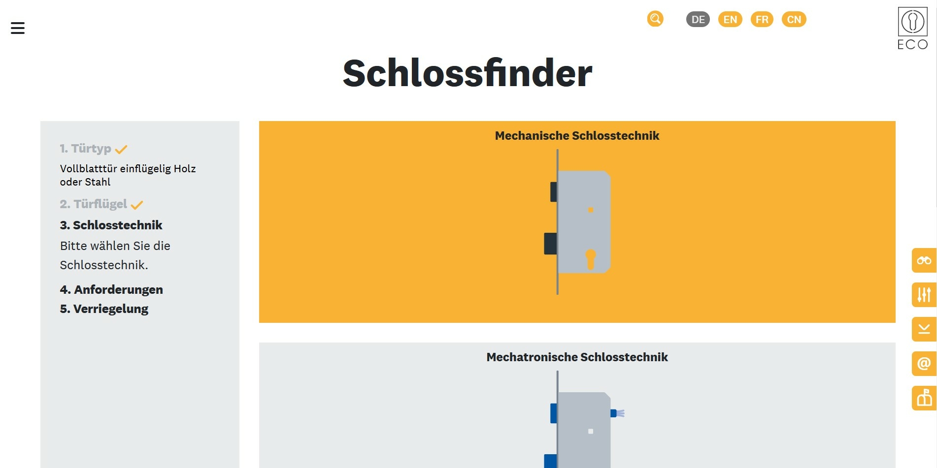 Die verschiedenen Parameter werden per Mausklick angewählt und die Eingabe mit dem gelb hinterlegten "Weiter"-Button am unteren Ende des grauen Bedienfelds bestätigt.