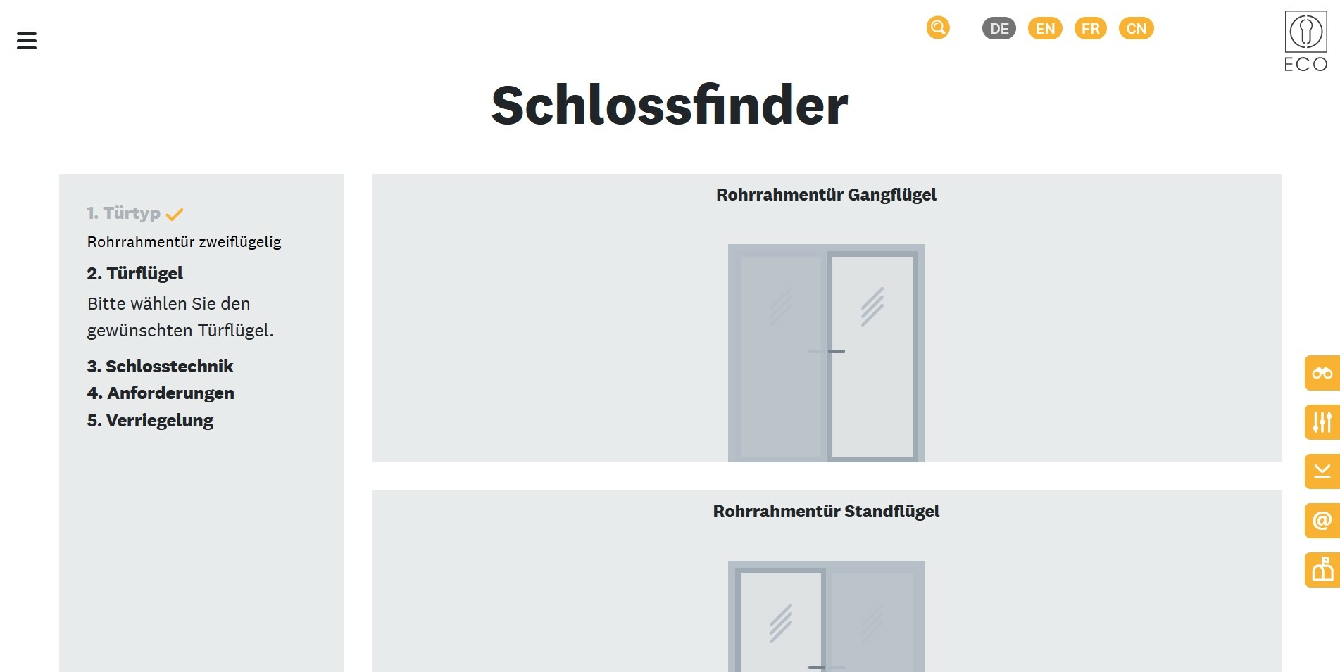 Der Schlossfinder führt die Nutzer*innen Schritt für Schritt durch die fünf Rubriken und bietet dabei immer eine Auswahl an Parametern an, auf die das gewünschte Schloss abgestimmt sein soll. 