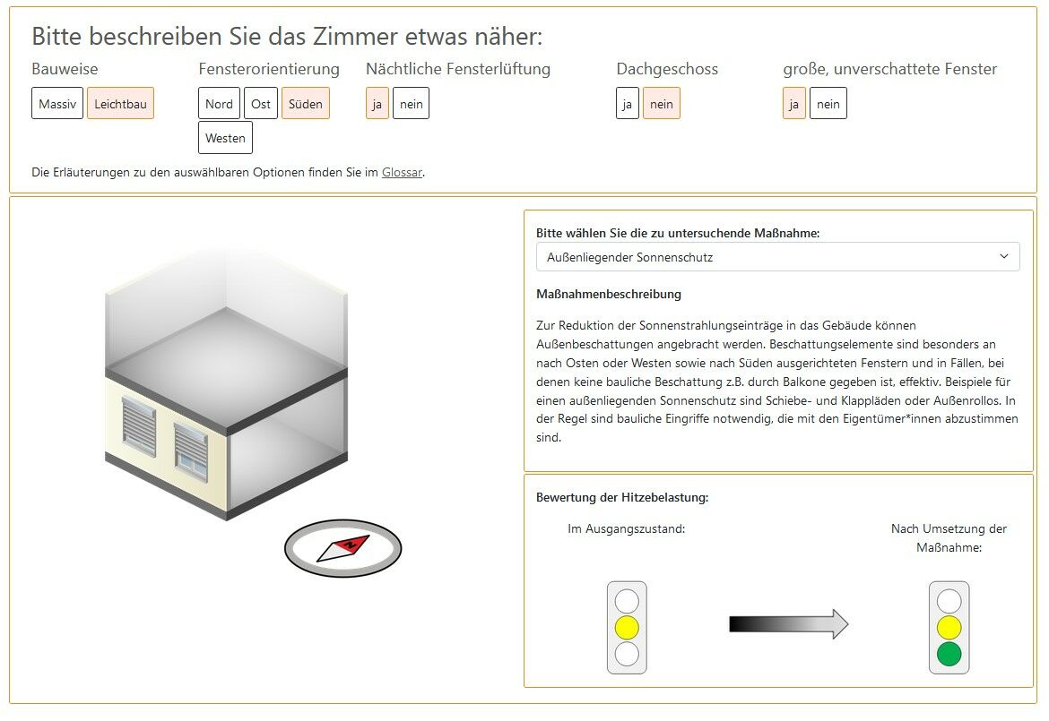 Das Gebäudetool bewertet die Hitzebelastung in Innenräumen basierend auf fünf Schlüsselfaktoren, darunter Bauweise und Fensterorientierung.