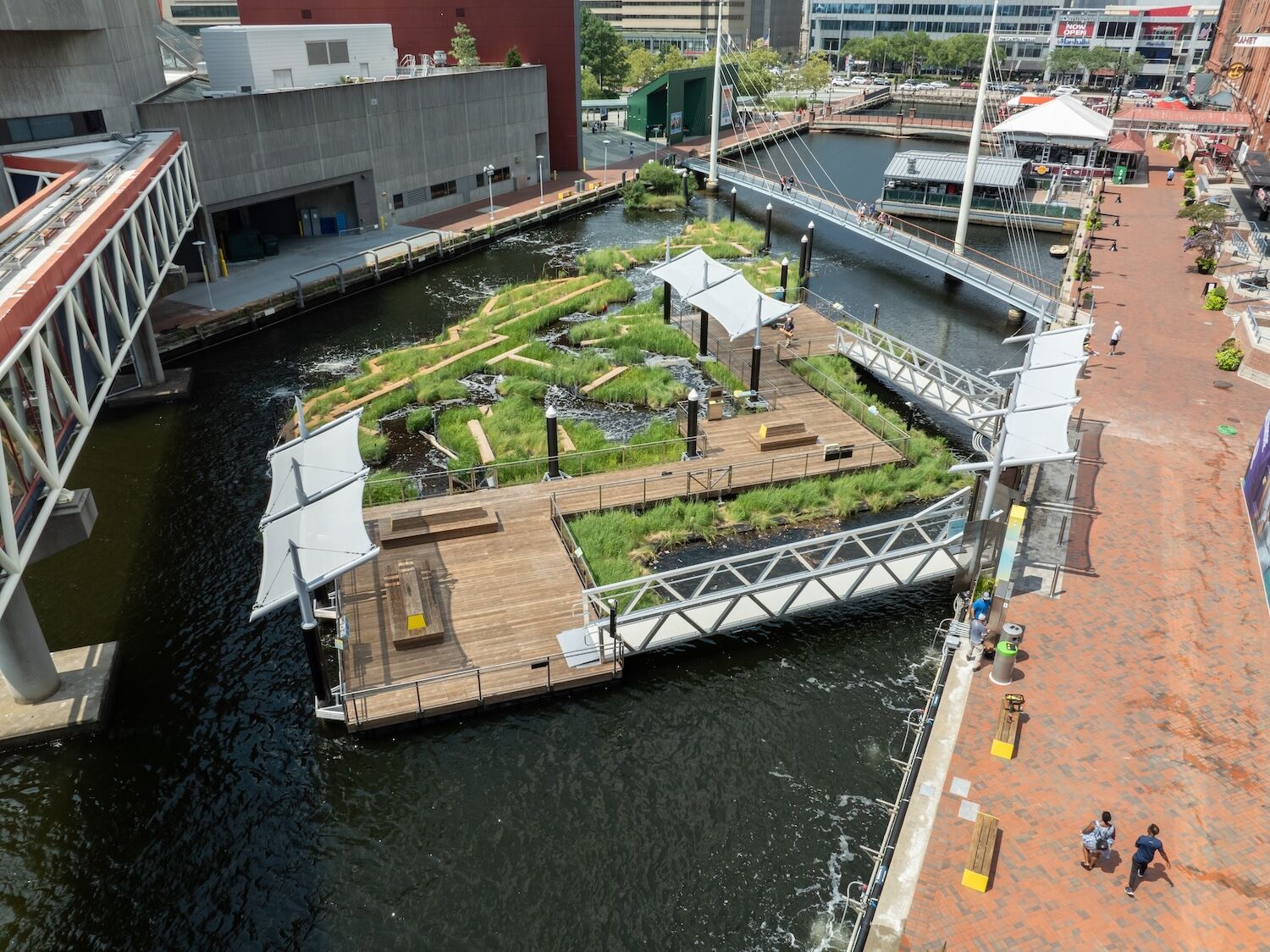 Zwei Stege führen von der Uferpromenade auf die Schwimminsel.