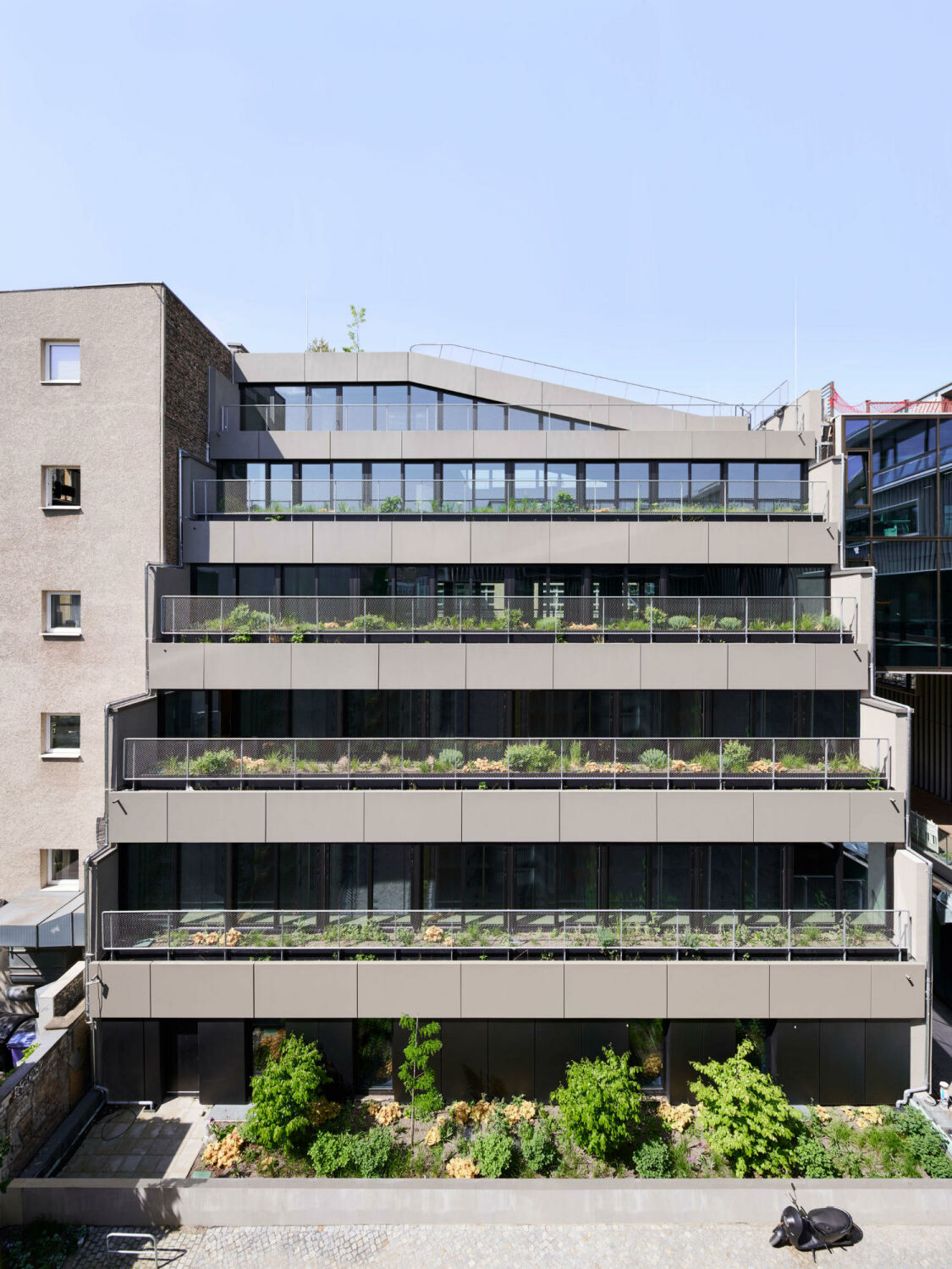 Die neue rückseitige Fassade ist in abgestuften, begrünten Terrassen organisiert.