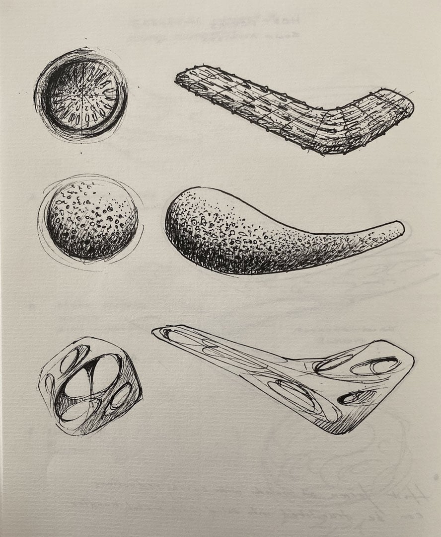 Handskizze der drei Kollektionen, die auf organischen Formen und von der Natur inspirierten Designansätzen basieren. Von oben nach unten: Architectural, Aeroflow und Coral Synch.