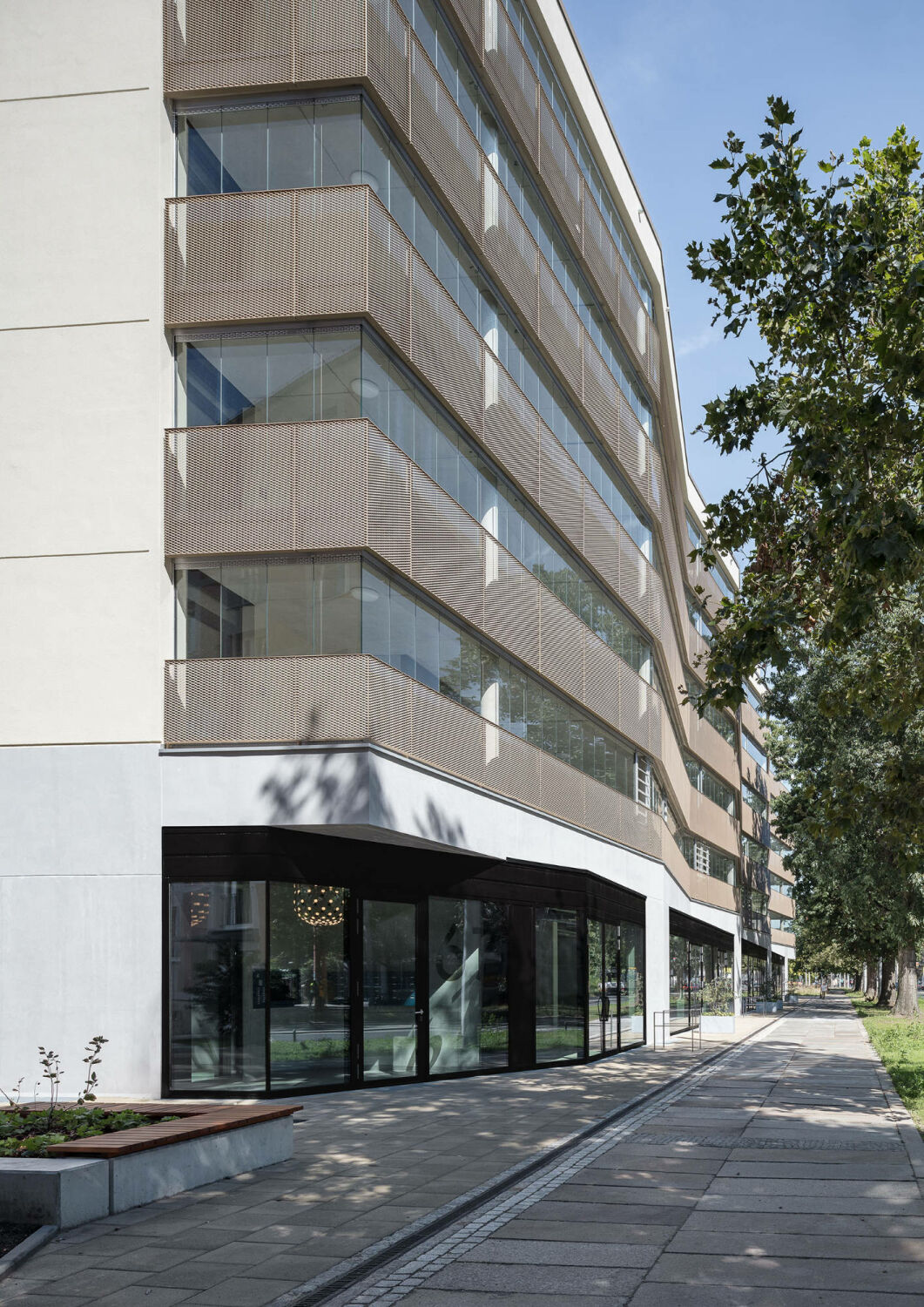Mit einer leichten Faltung der Fassade entlang der Fetscherstraße reagiert der neue Wohnungsbau auf den Rhythmus der straßenbegleitenden Platanen.