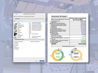 Einblick in das LCA-Add-on für Archicad: Links die Zuweisung der Materialbezeichnungen aus der Ökobaudat zu den verwendeten Baustoffen, rechts die Darstellung der Ergebnisse als Ringdiagramm. 
