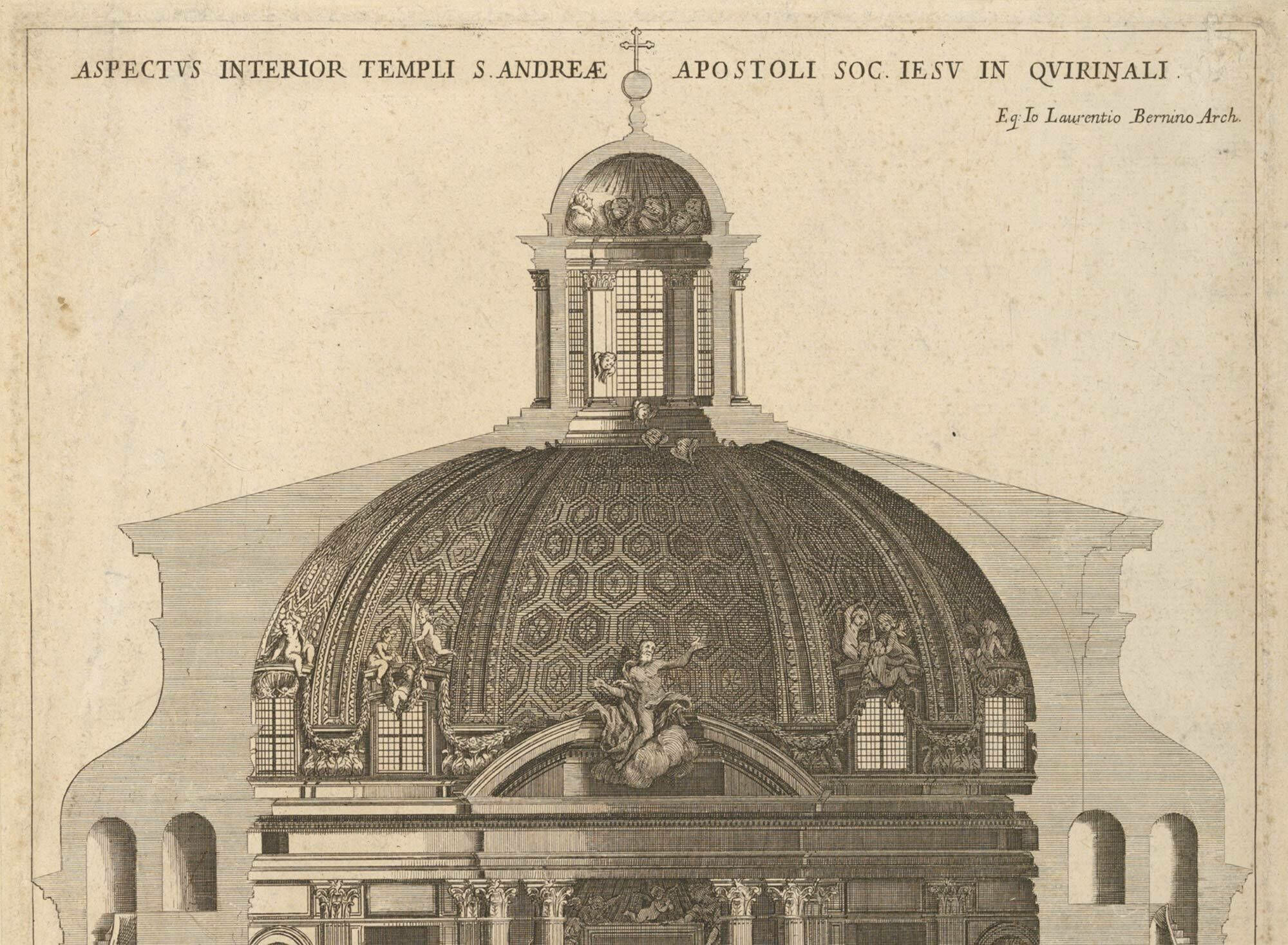Laternen erfüllten ursprünglich eine ähnliche Aufgabe wie Himmelsaugen und Obergadenfenster. Im Bild: Ausschnitt aus einer Radierung von Giovanni Francesco Venturini, Querschnitt der Kirche Sant'Andrea al Quirinale in Rom, etwa 1658-1700