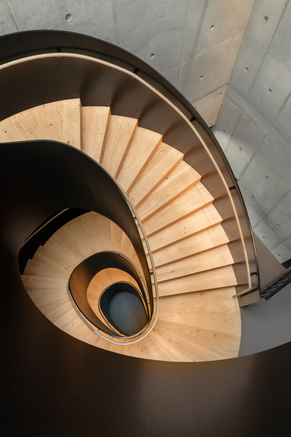 Die Treppe aus dunkel lackiertem Stahl mit hellen Holzstufen lebt vom Kontrast: Sie zeichnet ein filigranes Oval in den rechtwinkligen Raum mit Sichtbeton.
