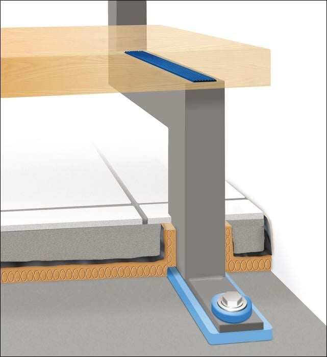 Die Übertragung von Trittschall erfolgt hauptsächlich an den Auflagepunkten der Treppe. Durch den Einsatz des feinzelligen Polyurethan-Elastomers sollen diese Stellen wirksam von angrenzenden Bauteilen entkoppelt werden.