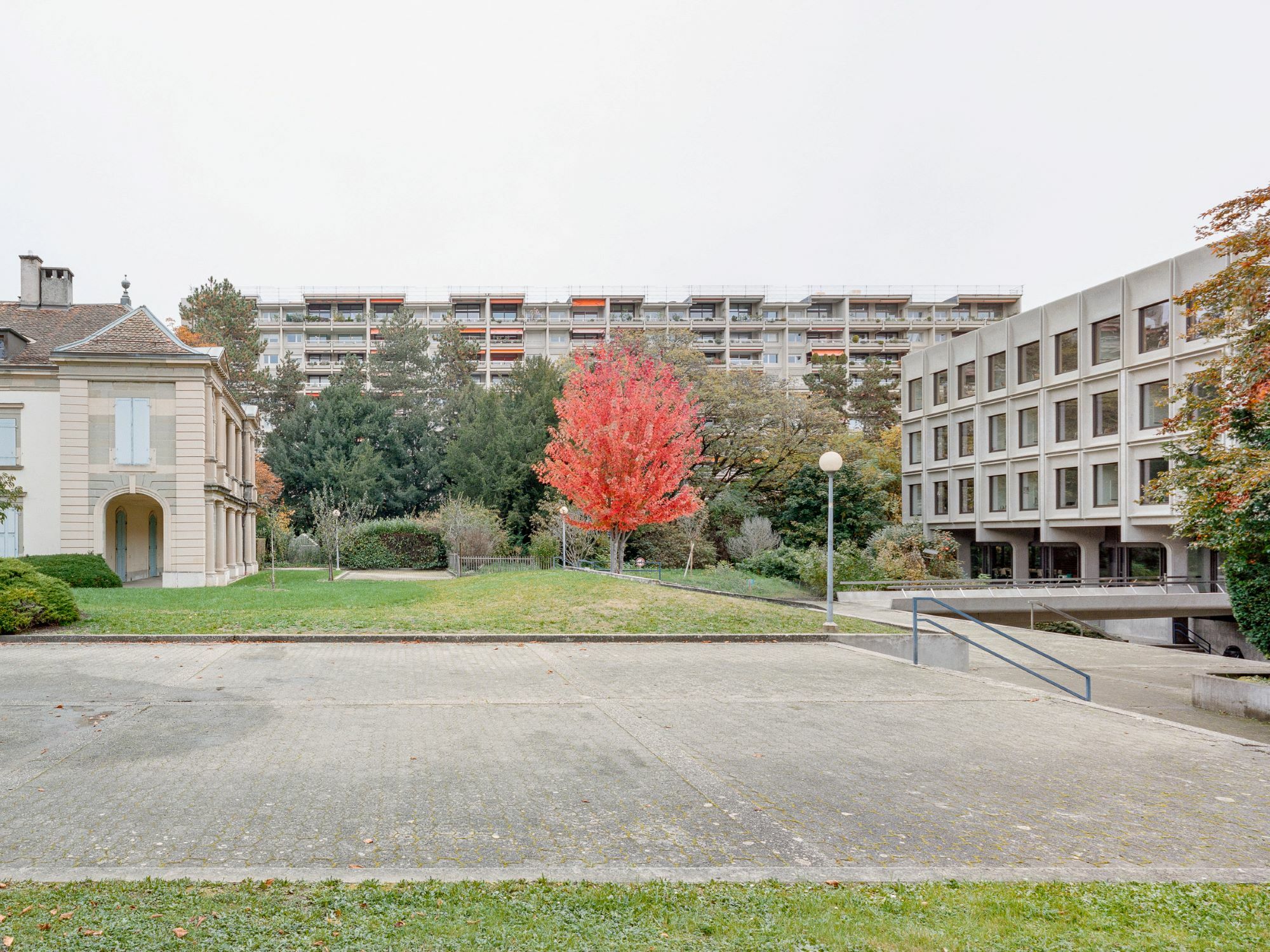 Der Schulbau liegt zurückgesetzt auf abfallendem Gelände.