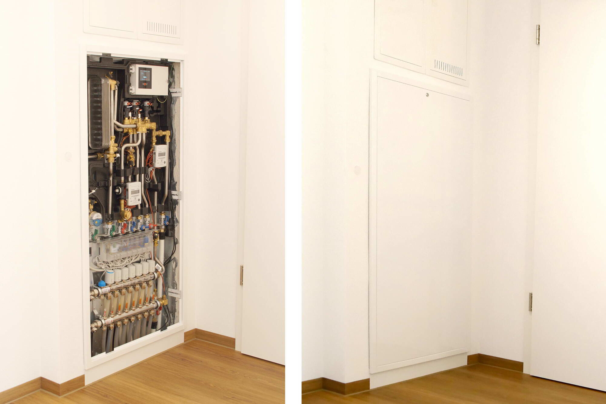 Die komplett vormontierte Grundstation der CAT-2 von Wolf wird im Baukastensystem zusammengestellt und vor Ort mit dem individuellen Zubehör in einen dreiteiligen Schrank eingebaut, der nur 110 mm tief ist.