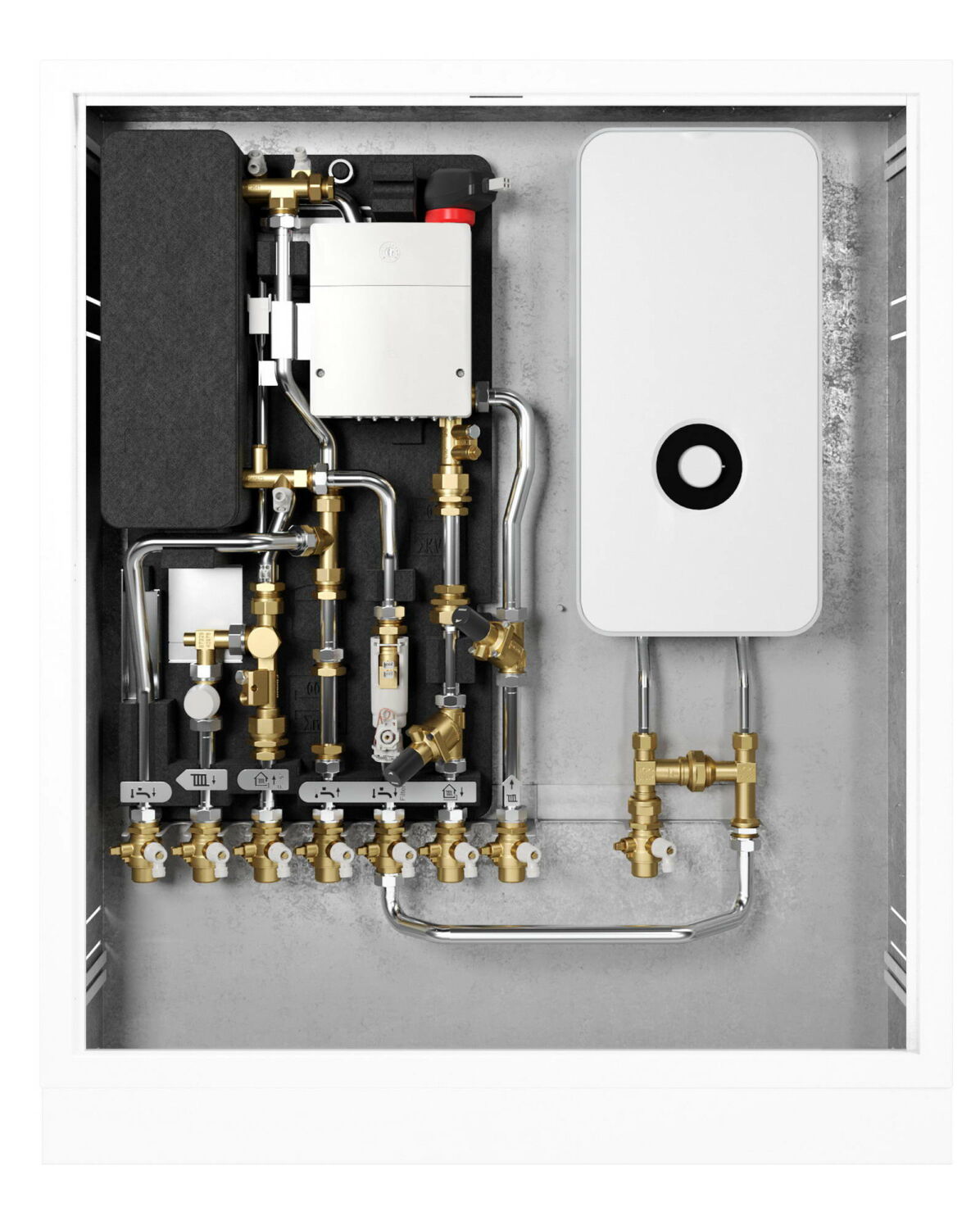Vorteil der Modularität ist die Erweiterbarkeit, wodurch die Wohnungsstation bei Bedarf durch einen nachgeschalteten elektrischen Durchlauferhitzer ergänzt werden kann.