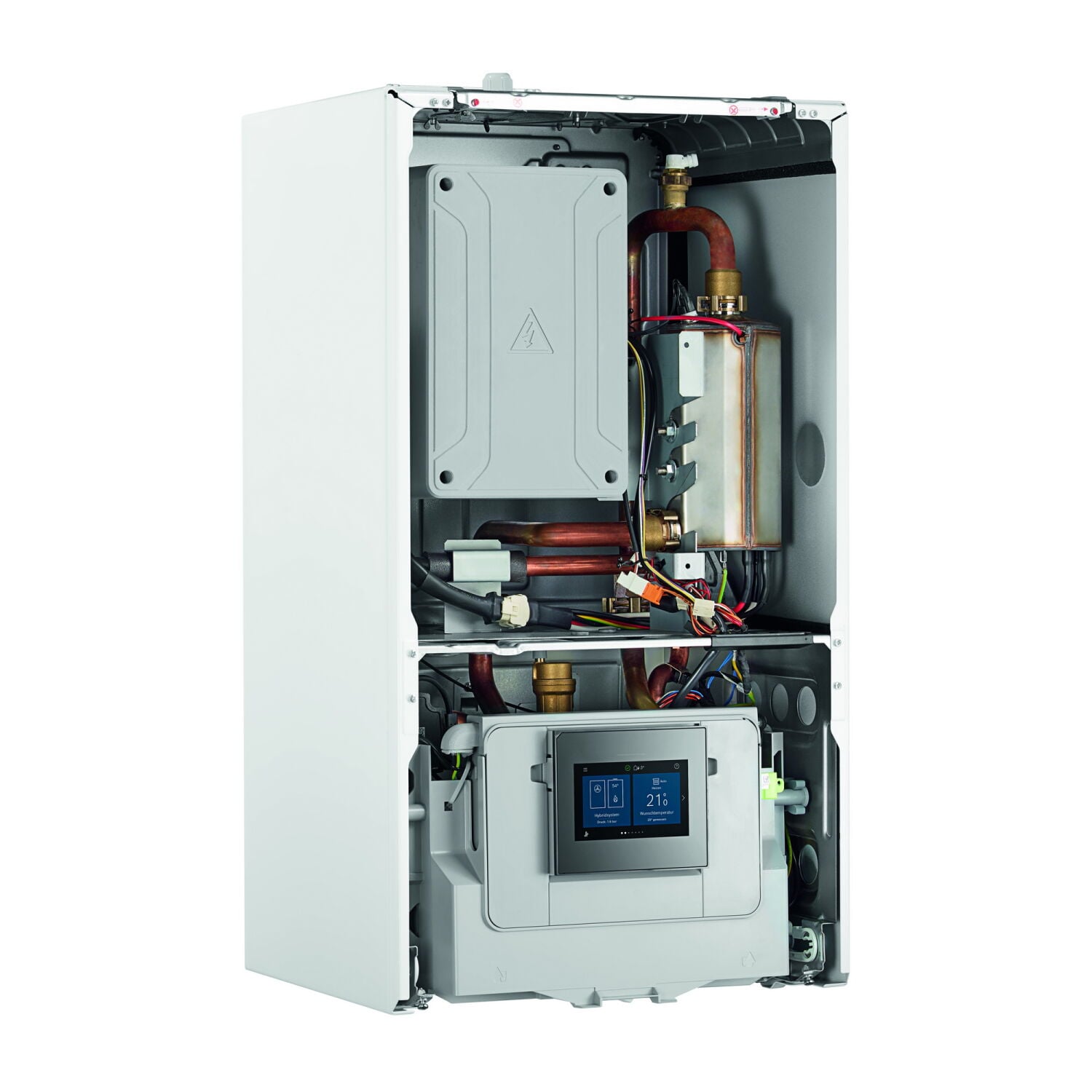 Der modulare Aufbau ermöglicht es, aus dem Gas-Brennwertgerät eine Wärmepumpen-Inneneinheit mit elektrischem Zuheizer zu machen – ohne das gesamte Gerät austauschen zu müssen.