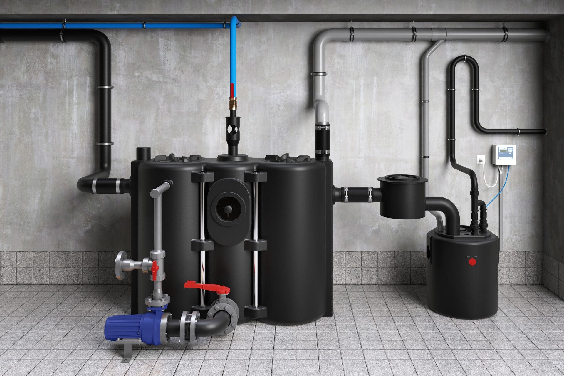 Die zweimotorige Hochleistungshebeanlage Sanibox 2 für Grauwasser ist für den Einsatz hinter Fettabscheidern geeignet.