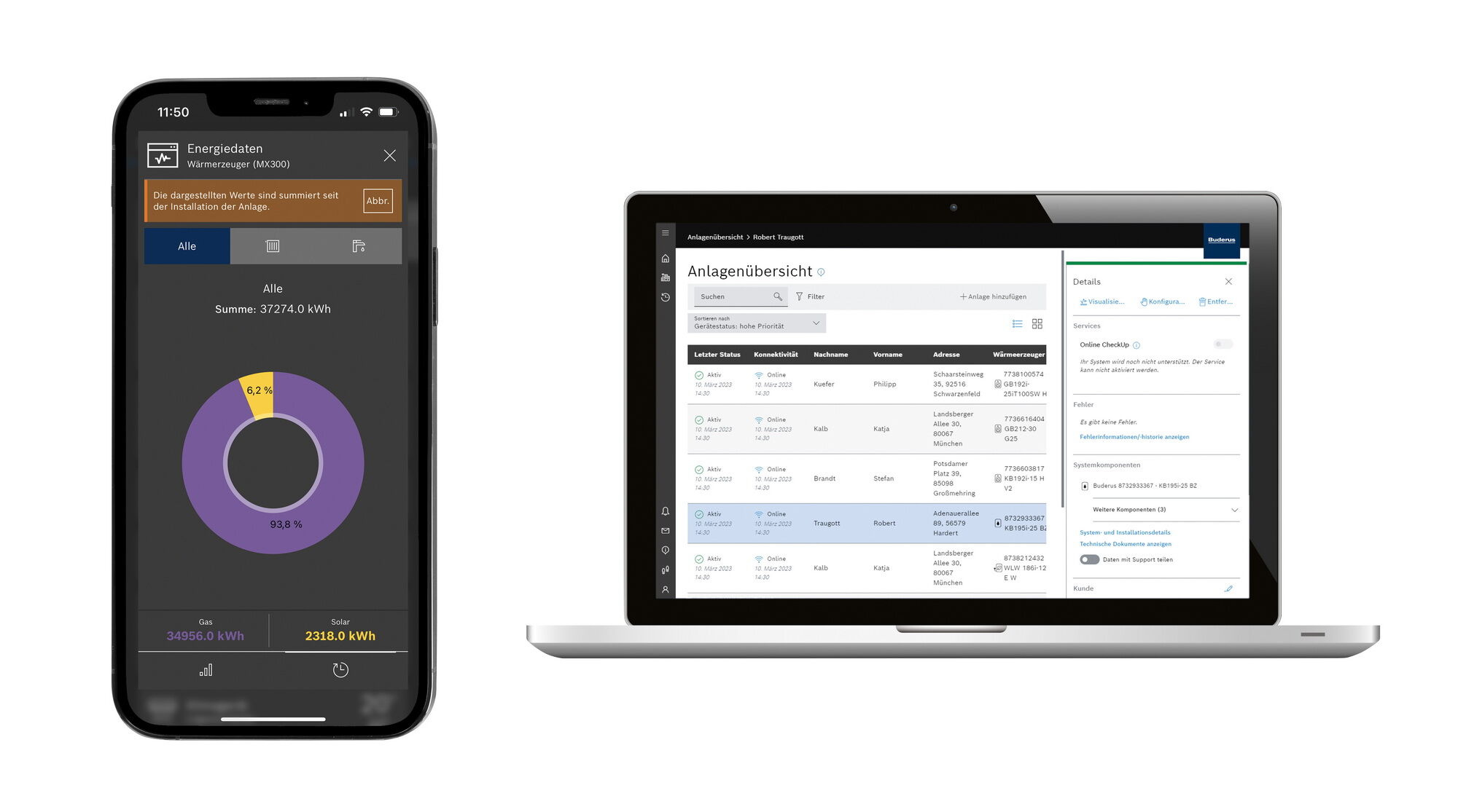 Für Gebäudeeigentümer bietet die App MyBuderus vielfältige Möglichkeiten zur Bedienung und Überwachung. Fachleute können über das Webportal ConnectPRO praktische Services wie ein Heizungsmonitoring vornehmen.