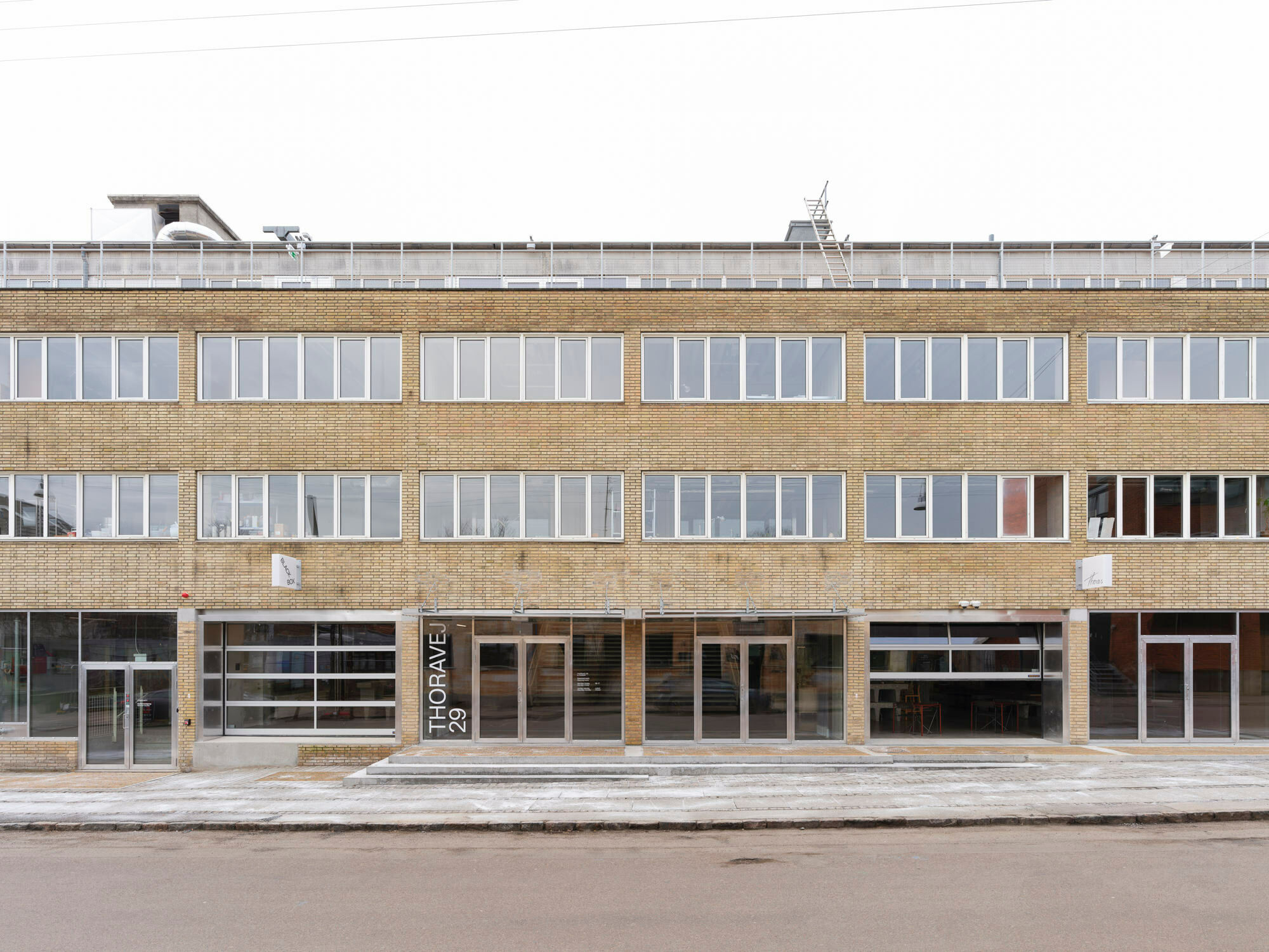 In den vergrößerten Öffnungen der Erdgeschossfassade sitzen nun transparente Rolltore und große Fenstertüren.