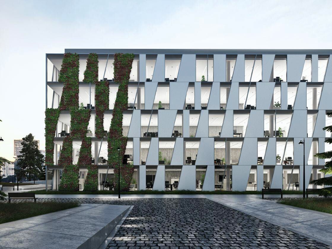 Vertikale Fassadenbegrünungen wie die „AF UDC 80 Green Façade“ von Schüco reduzieren nachweislich die innerstädtische Temperatur.