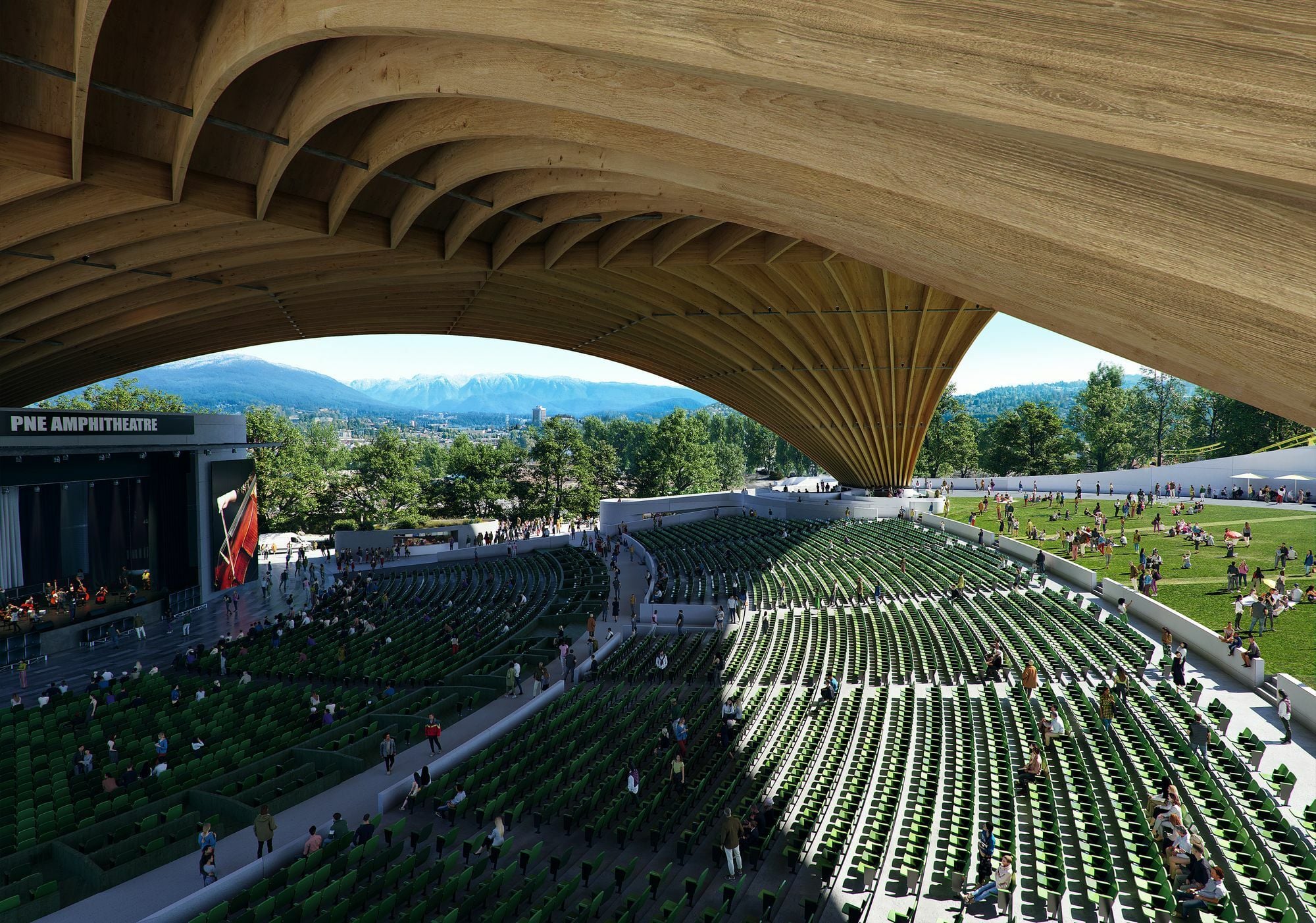 Visualisierung: Die neu errichtete Multifunktionsarena nimmt die Form eines klassischen Amphitheaters ein, die von der großformatigen Holzstruktur überspannt wird.