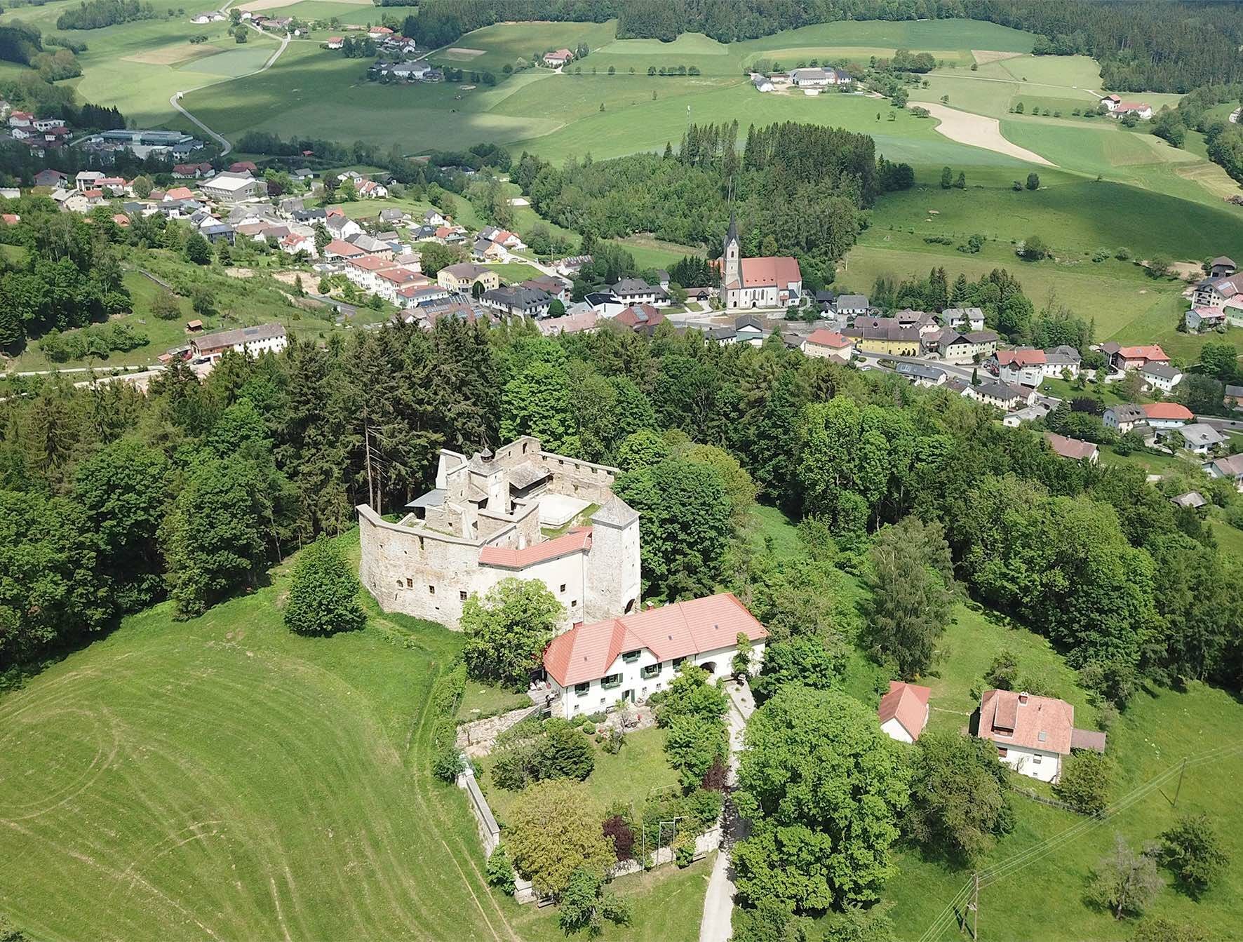 Die Ruine ist umgeben von Wald und Siedlung.