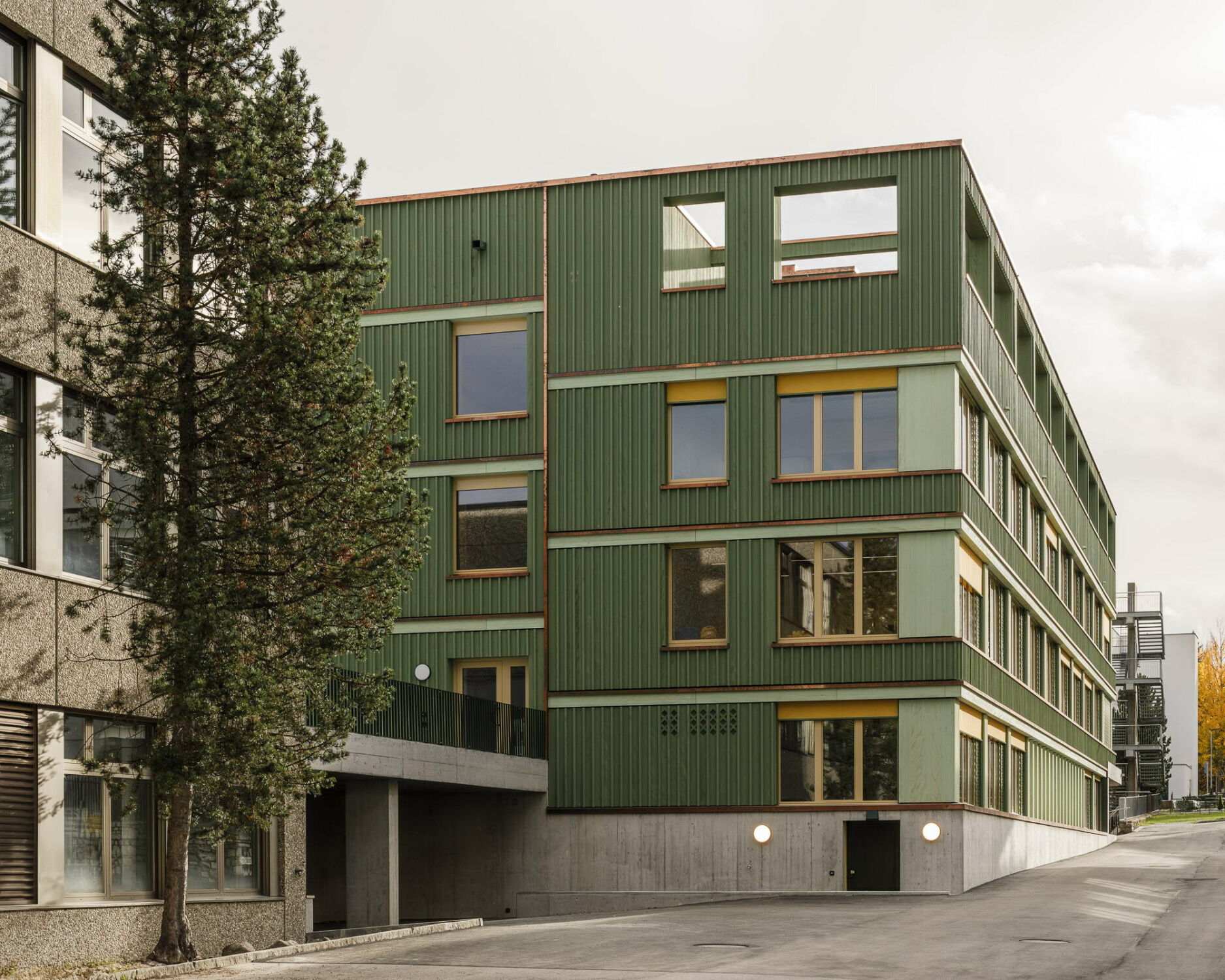 Die neue Holzfassade mit vorwiegend vertikaler Weißtannenlattung verleiht dem Schulcampus ein neues Antlitz.