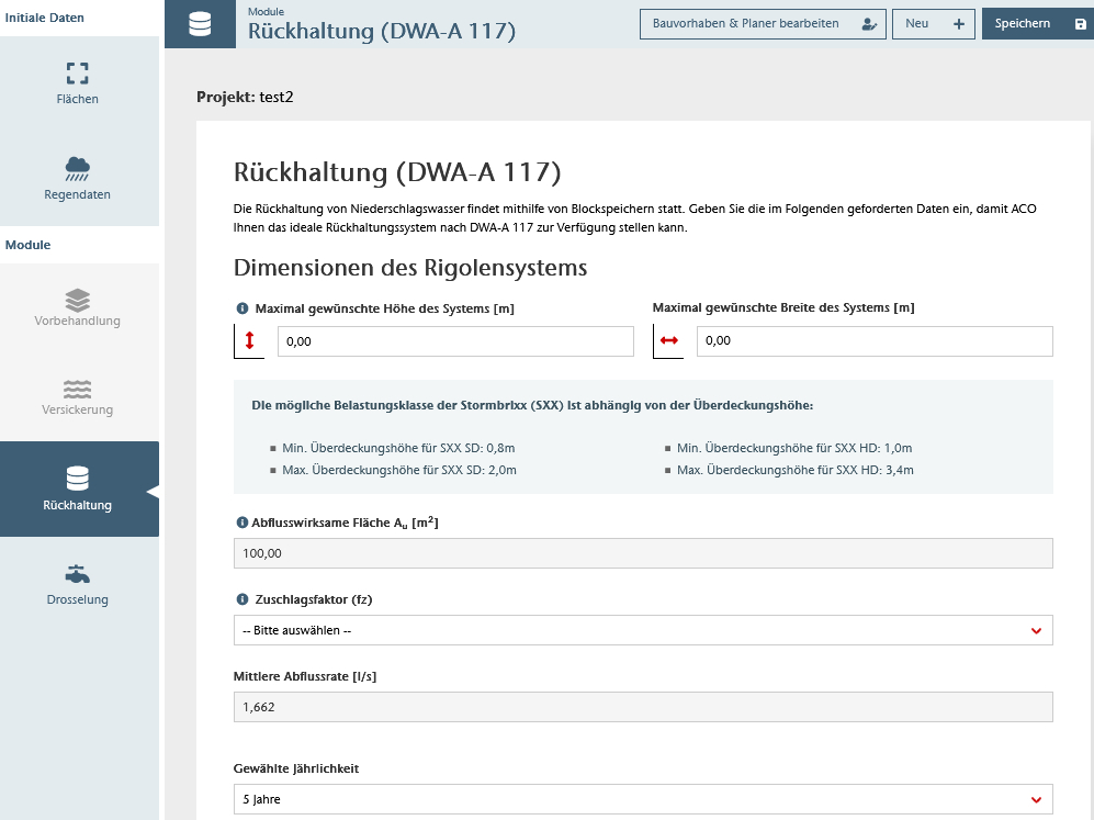 Dank Echtzeit-Berechnung lassen sich verschiedene Parameter wie die Dimensionen von Rigolen oder der maximale Drosselabfluss flexibel anpassen.