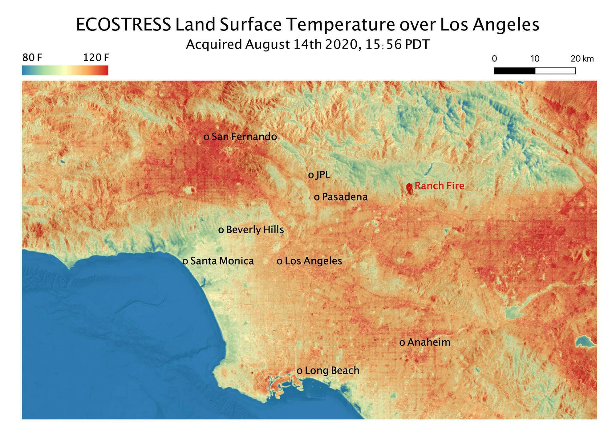 Das Nasa-Satelliten-Programm ECOSTRESS erfasste am 14. August 2020 um 16 Uhr eine Heat Wave mit Temperaturen um 53,5 Grad Celsius im Großraum Los Angeles.
