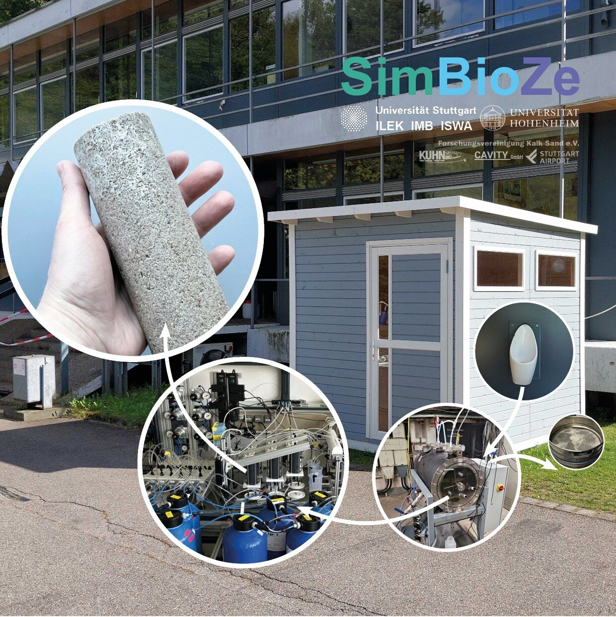 Versuchsaufbau des Projekts SimBioZe: Vom Sammeln des Urins über das Spülen des mineralischen Pulvers bis zum festen Biobetonkörper.