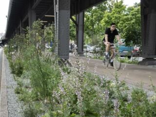 Das Testfeld Reallabor Radbahn unter dem Hochbahnviadukt der U1 in Berlin wurde von den Landschaftsarchitekturbüros nuko und fabulism entworfen.