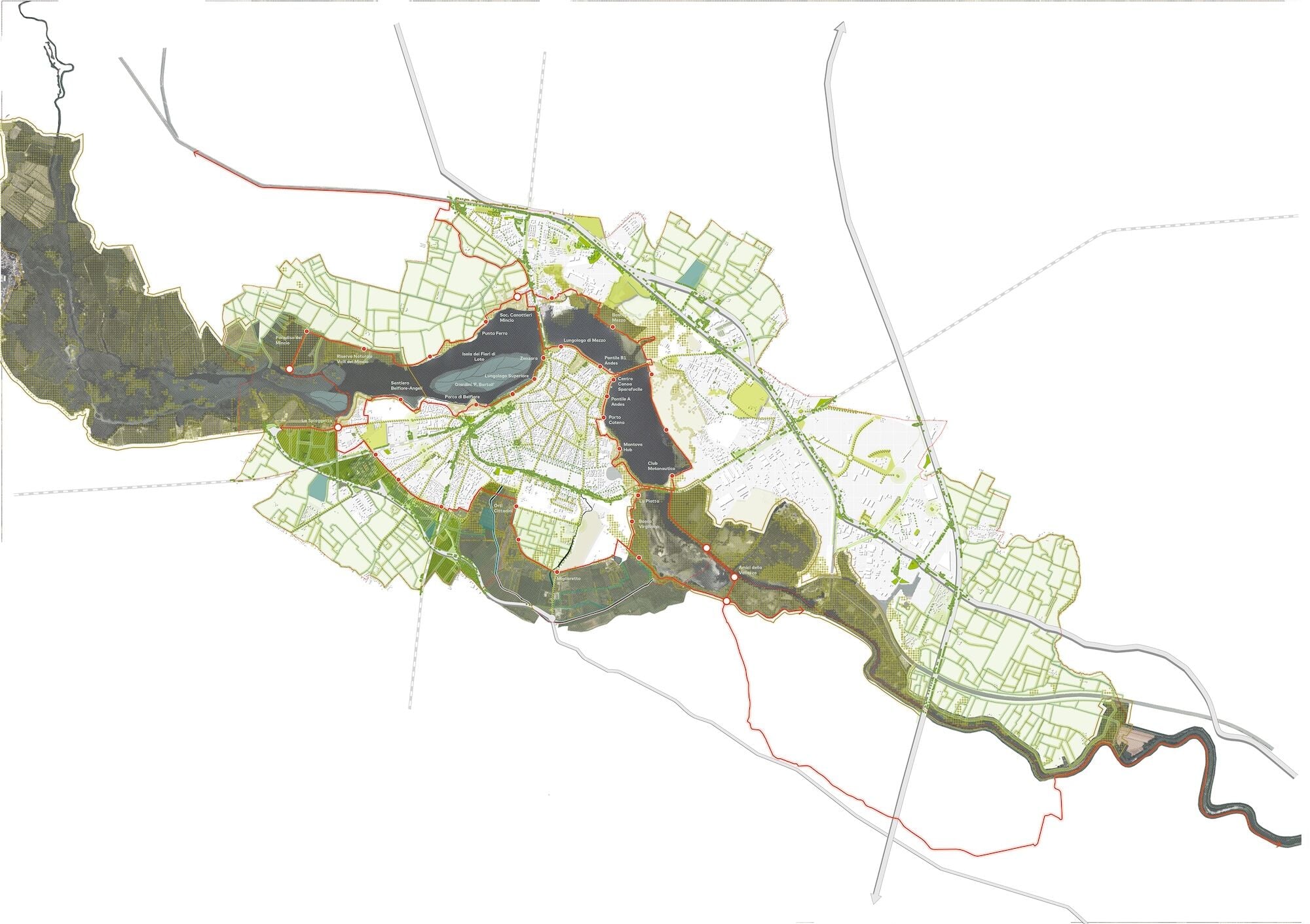 Struktur des Städtischen Grünplans in Mantua, der die ökologischen, städtischen Flussufer-, Landwirtschafts- und Infrastrukturkorridore integriert.