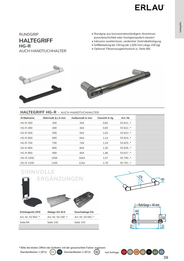 Jedes Produkt wird mit detaillierten technischen Spezifikationen, Abmessungen, Materialangaben und einer Übersicht der verfügbaren Varianten vorgestellt. 