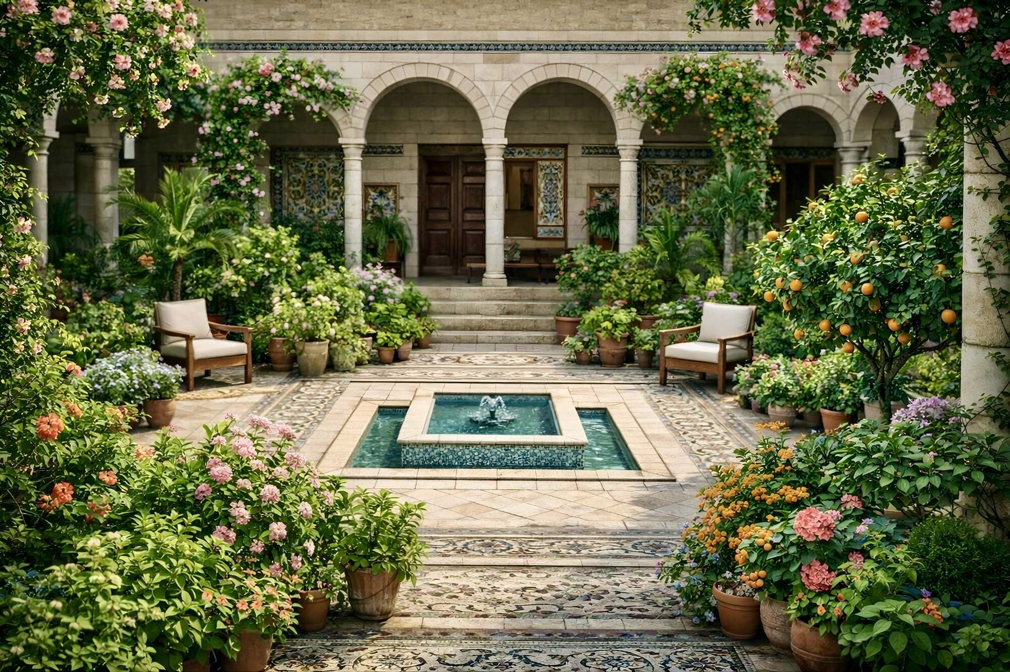Ein Garten in einem Hosh, wie der Innenhof beispielsweise in Damaskus genannt wird, ist mit umlaufenden Arkadengänge überwiegend achsensymmetrisch um ein Wasserbecken angelegt. Neben schattenspendenden Pflanzen spielen Blüh- und Duftpflanzen wie Rosen, Jasmin und Zitrusbäume eine wichtige Rolle.