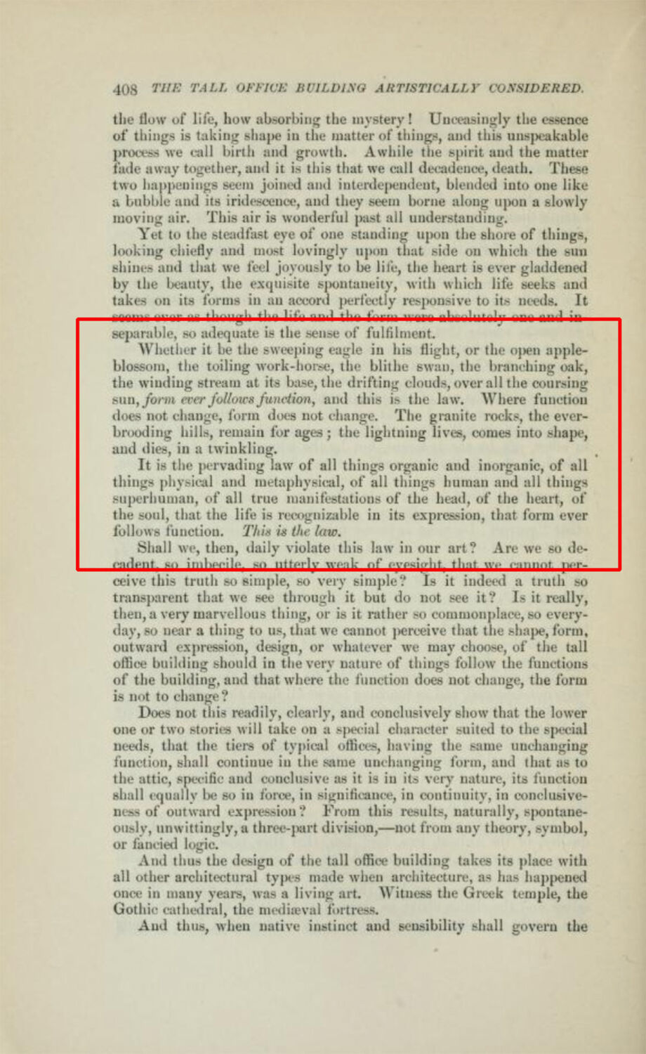 Louis Sullivans Erläuterung von „form follows function" in seinem Aufsatz „The Tall Office Building Artistically Considered"