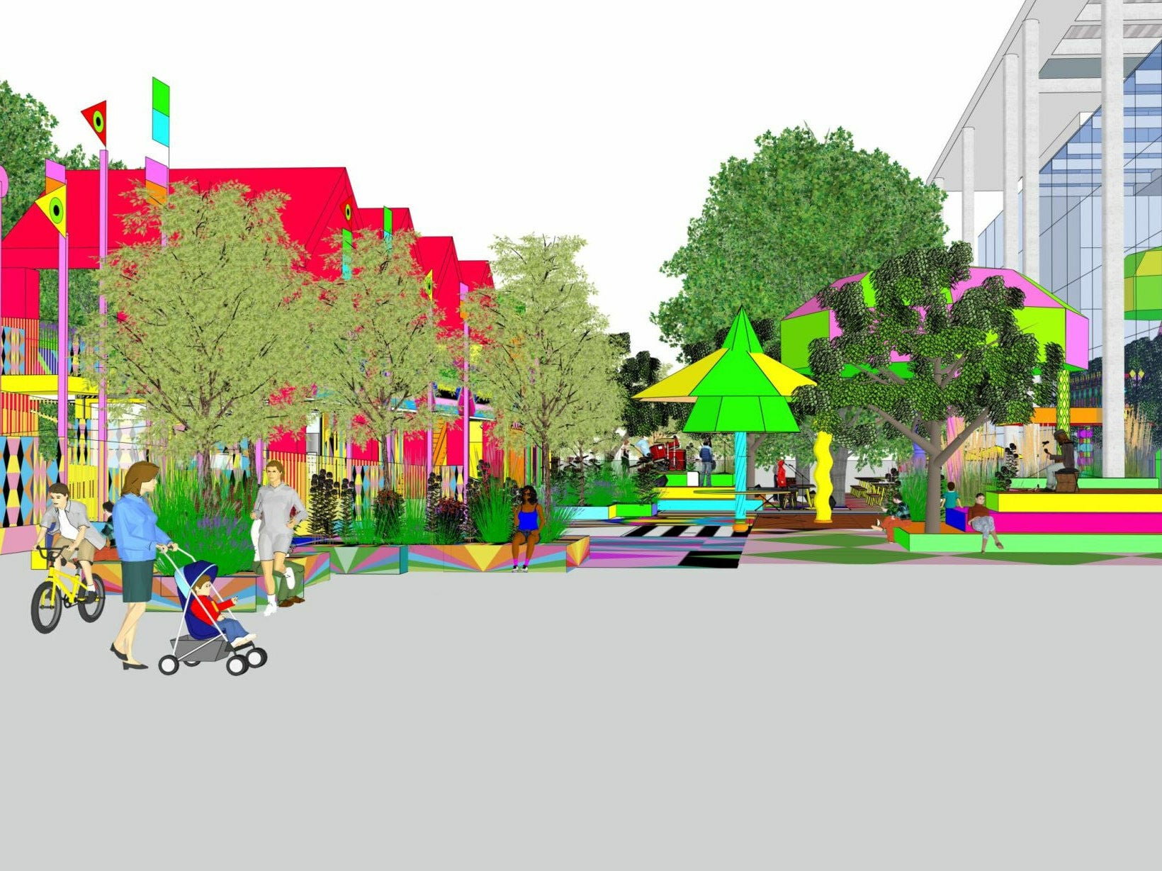 Die farbenfrohe Installation wurde von der britischen Künstlerin Morag Myerscough entworfen und gemeinsam mit 3G1 Architektur realisiert.