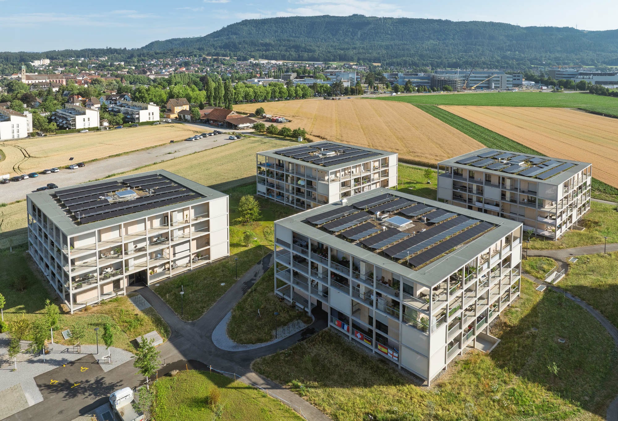 Die kompakten Gebäude verfügen über vier Geschosse und großformatige Fenster.