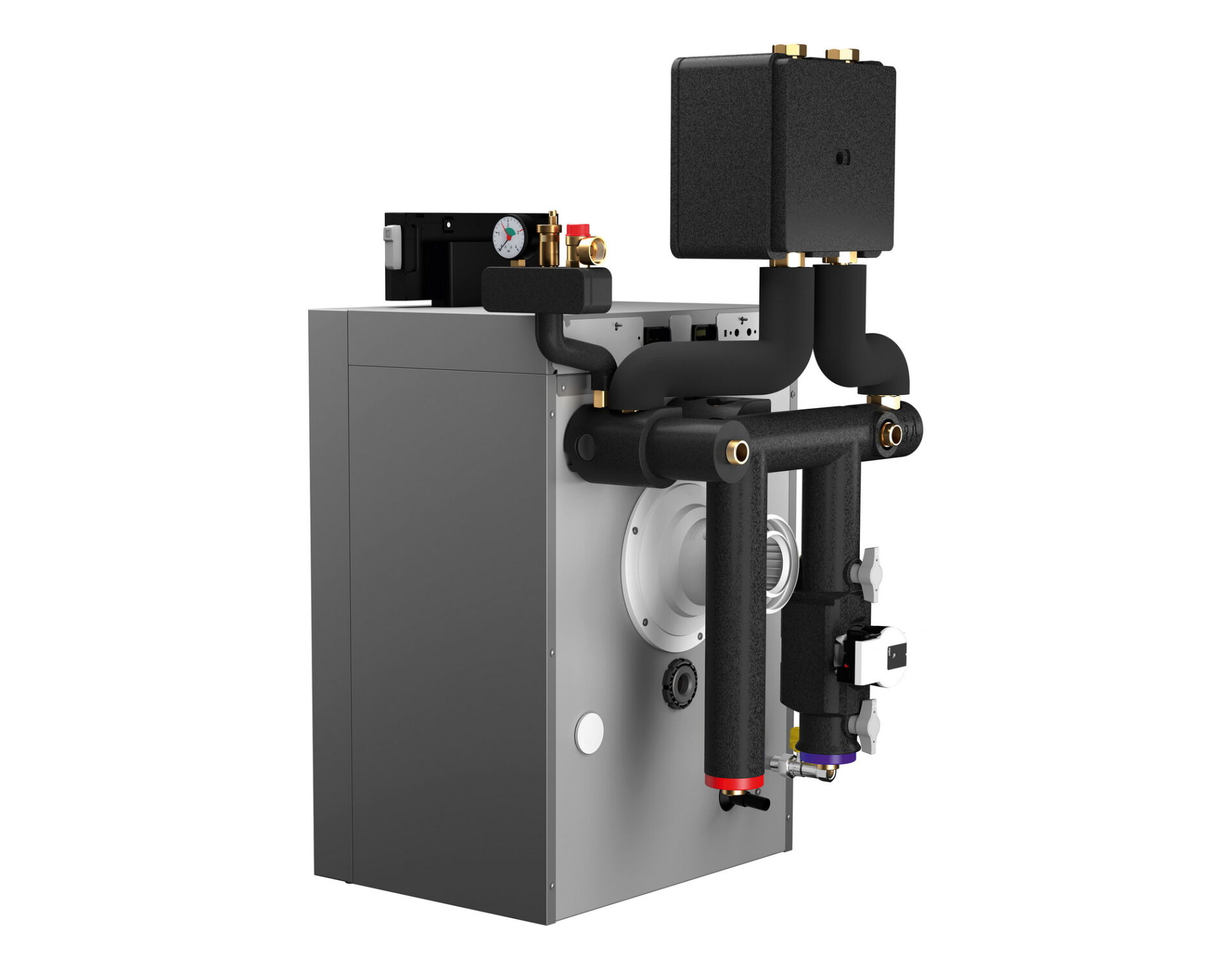 Auf der Rückseite des Geräts kann die Hydraulikgruppe angebracht werden, mit der sich das Gerät direkt mit einer Wärmepumpen-Außeneinheit verbinden lässt.