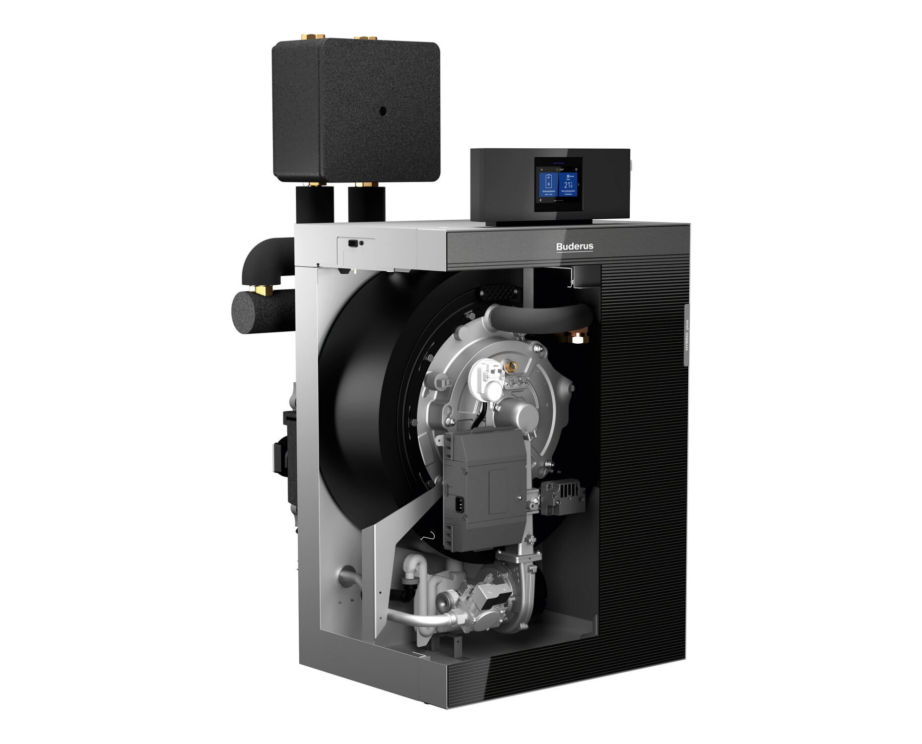 Der Gas-Wärmepumpen-Hybridkessel lässt sich im letzten Schritt der Modernisierung durch einen Heizstab ergänzen und wird dadurch zu einer vollständigen Wärmepumpen-Inneneinheit.