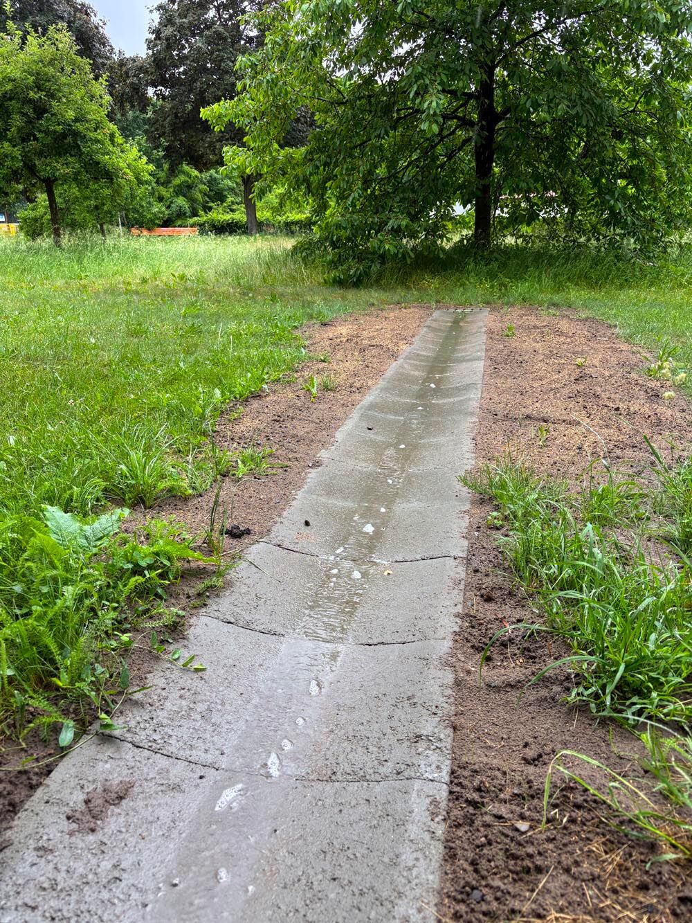 Das Regenwasser wird in Richtung Kirschbaum geführt