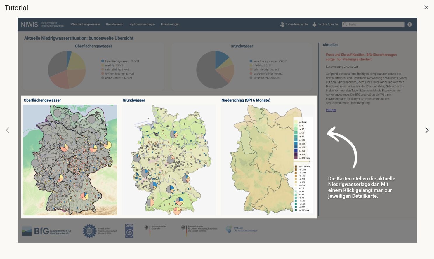 Übersichtlich dargestellt können Interessierte die aktuelle Niedrigwassersituation in Deutschland nachvollziehen.