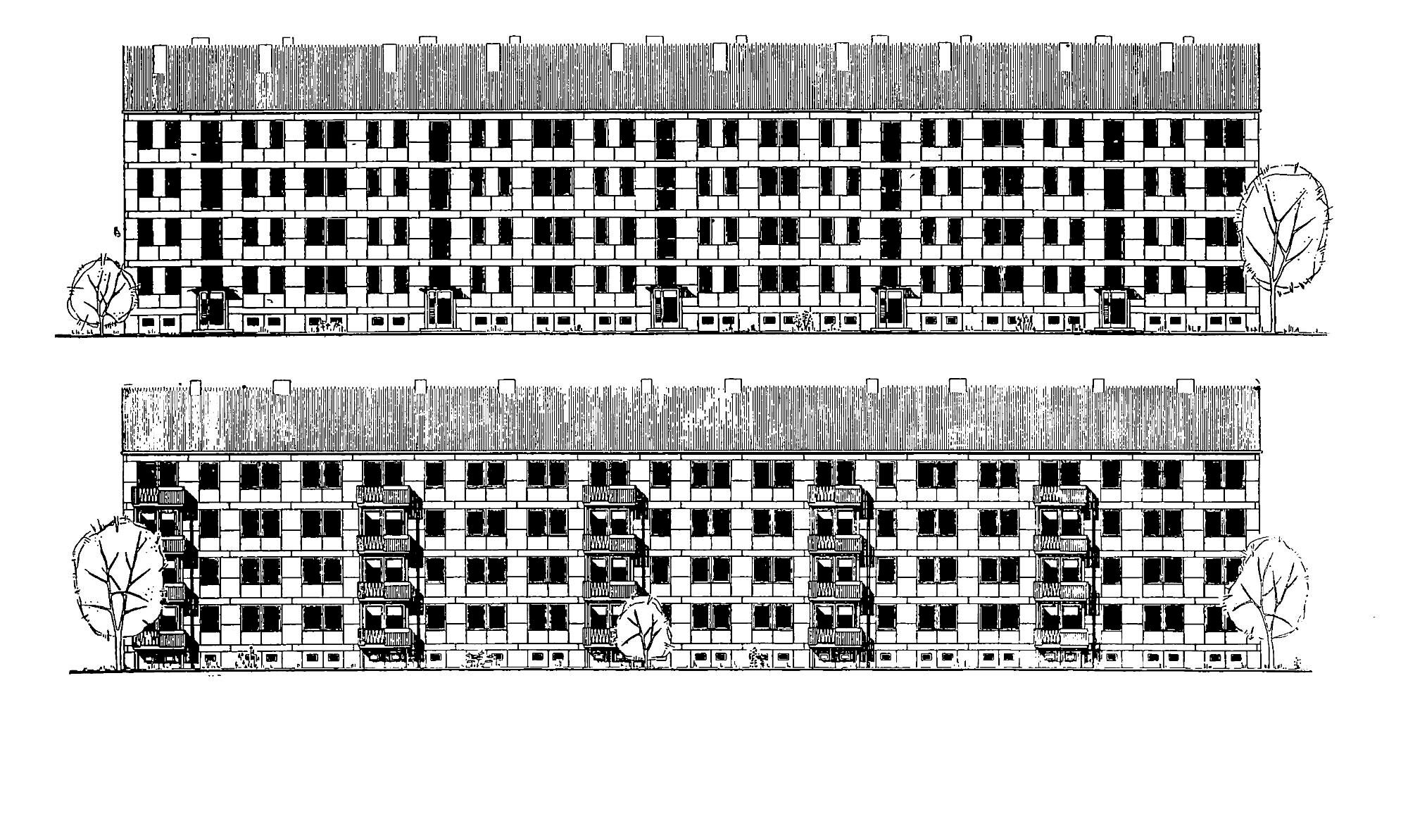 Ansichten eines viergeschossigen Q 6-Wohnbocks mit Ofenheizung, Straßenseite (links) und Gartenseite (rechts), 1959