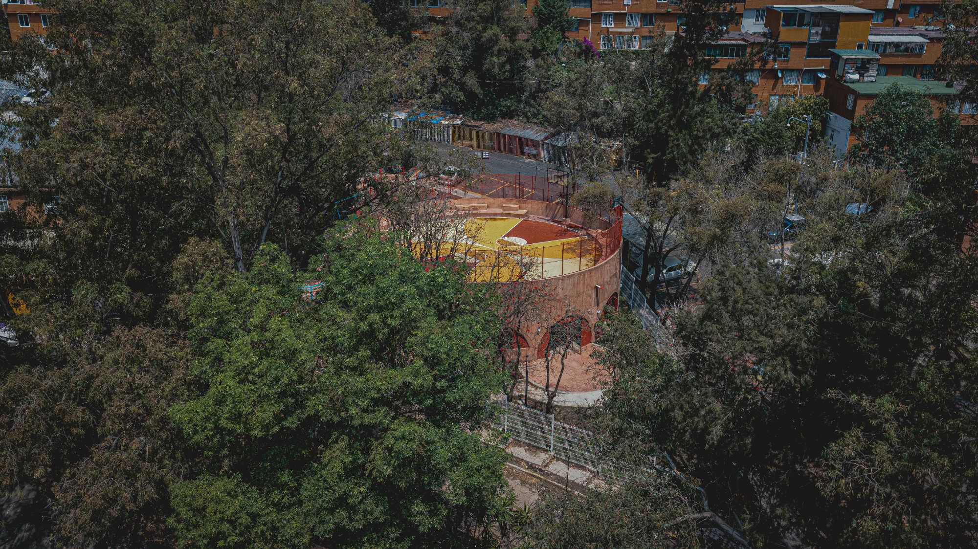 Der Rundbau liegt eingebettet im dichten Baumbestand. Das Basketballfeld auf dem Dach zeichnet sich als farbige Ebene über dem Hang ab.