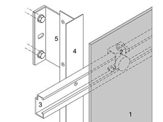 1. Fassadenplatte; 2. Agraffe; 3. Horizontales Tragprofil; 4. Vertikales Tragprofil; 5. Aluminium-Wandhalter
