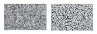 Gefügedichter Leichtbeton mit Kornporosität links; Haufwerkporiger Leichtbeton mit porigen Zuschlägen rechts